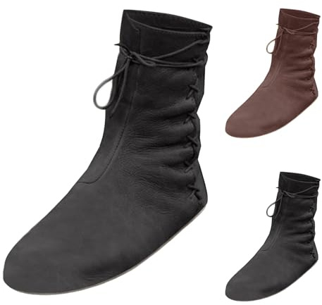 Generiska medeltida skor män kvinnor, medeltida renässans slip-stövlar riddarstövlar retro punk stövlar mjuka bekväma cowboystövlar PU-läder snörskor halkfria västerländska stövlar