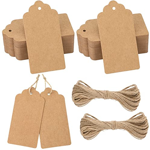 jijAcraft Etichette in Carta Kraft Tag Regalo Cartoncino 10x5CM, 100 pezzi e Spago di Iuta, per Bomboniere Compleanno Natale Artigianato (Marrone)