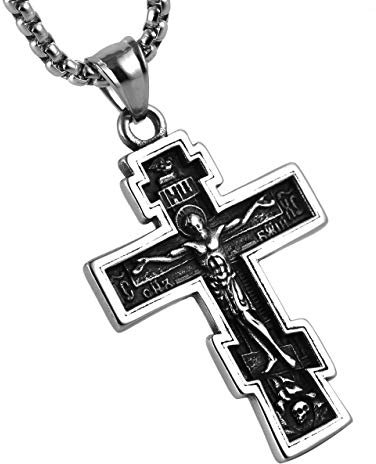 HZMAN Orthodox Cross Necklace for Men Stainless Steel Vintage Crucifix Cross Pendant Necklace Jewelry Gift (Silver)