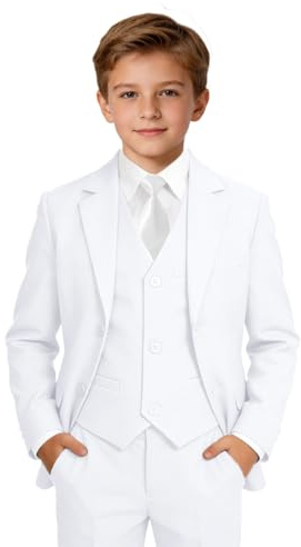 Boys Suit for Kids Teens Boy 5 Piece Tuxedo Suit Set, White, Size 14