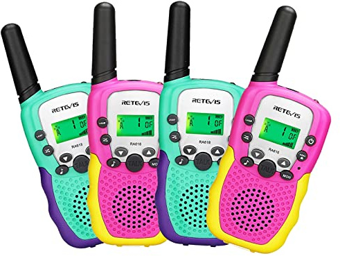 Retevis RA618 Walkie Talkies Niños, Juguetes Regalos Niñas de 6 a 12 Años, de Largo Alcance, 8 Canales, Linterna VOX, Senderismo, Ciclismo, Aventura, Navidad (Rosa y Verde, 4 Piezas)