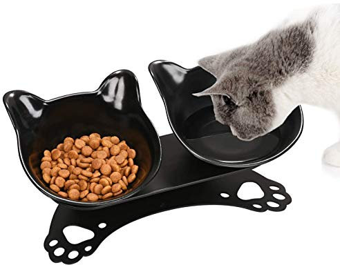 Gamelles pour Chats,Bols pour Chat, Inclinable à 15° Double Gamelle Chat Surélevée,Anti-Dérapant Cou de Protection Bols de Nourriture pour Animaux de Compagnie (Noir)