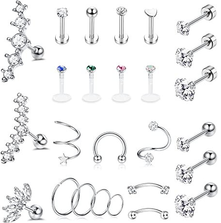 Morfetto 26 Stück Helix Piercing Schmuck Edelstahl Nasenlippenringe Knorpel Conch Monroe Tragus Forward Helix Piercing Flat Back Ohrringe für Frauen