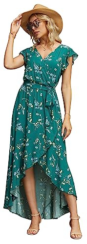 GRECERELLE Womens Summer Maxi Dress Boho Floral Cocktail Midi Polka Dot Wrap Dresses V Neck Casual Party Bohemian Flowy Long Dress for Ladies (FP Dark Green, S)