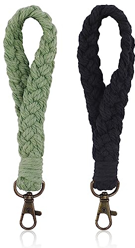 WINKIO Schlüsselanhänger kurz Lanyard, 2 Stück Schlüsselband Weicher Makramee Armband Schlüsselband Boho Handmade Wrist Lanyard Keychain Geschenke für Mama & Schwestern & Freunde (Schwarz+Grün)
