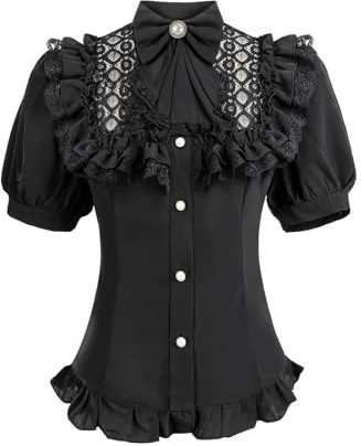 Fiamll Blusa victoriana para mujer con lazo vintage cuello alto con volantes camiseta de manga larga, K-negro., XXL