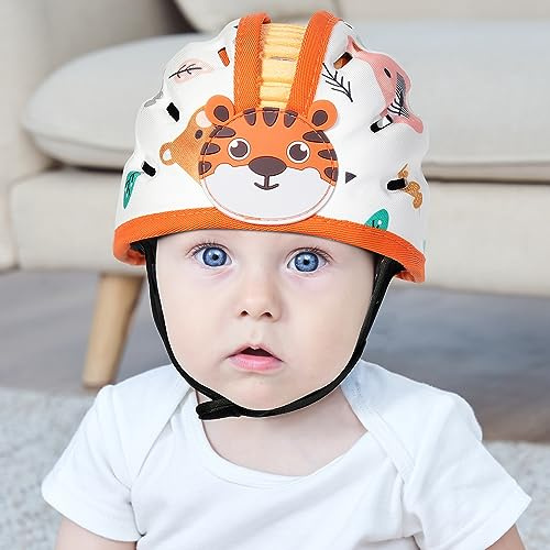 Orzbow Babyhelm mit Knieschoner, Atmungsaktiver Baby-Kopfschutz zum Krabbeln und Gehen, Verstellbarer Baby-Sicherheitshelm, Anti-Kollision, Ultraleicht, Hochwertige Baumwolle und EVA (Orange Tiger)