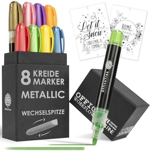 OfficeTree 8x Kreidemarker Metallic - 1mm bis 6mm wechselbare Spitzen - Kreidestifte für Tafel abwaschbar - Kreidestifte für Fenster - Fensterkreide Stifte - Fensterstifte abwaschbar Kinder