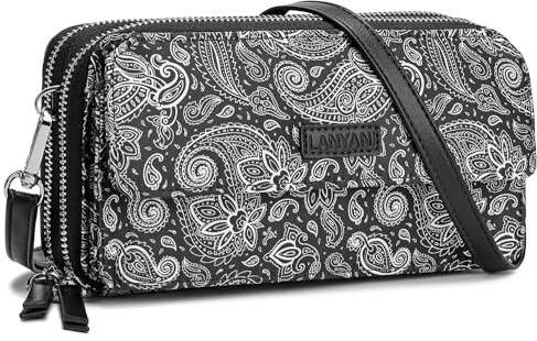 Lanyani Portafoglio da donna con blocco RFID, pochette da polso, piccola borsa con cinturino, Zi-paisley Nero, Small