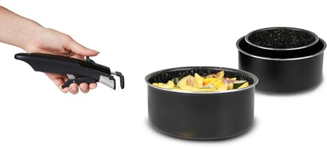 Sitram 713493 Juego de 3 Cacerolas de Aluminio Prensado Ø16/18/20cm - Revestimiento interior antiadherente, Interior efecto piedra, Mango extraíble SITRAMOVIBLE, Todo tipo de fuegos incluida inducción