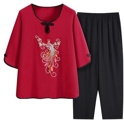Oplxuo Women Tang Suit Chinese Cheongsam Shirt Capri Pants Sets, Frog Button Embroidery Tai Chi Clothing Kung Fu Clothing