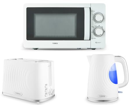 Tower Sonar White 1.7L 3KW Kettle, 2 Slice Toaster & T24042WHT 800W 20L Manual Microwave. Contemporary Matching White Kettle, Toaster Set & Microwave Set