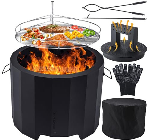 CHANGEMOORE Smokeless Fire Pit, 19.6'' Triple Burn Outdoor Firepit Stove with Removable Ash Collector, Fire Pit with Scald-proof Gloves, Wood Burning Fireplace Bonfire for Patio Camping