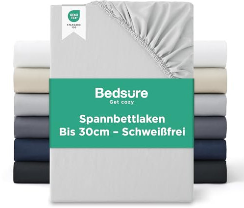 Bedsure Spannbettlaken 140x200cm Bis 30cm - Bettlaken 140 x 200 Boxspringbett, Oeko-TEX Zertifiziert Spannbetttücher, Gebürsteter-Mikrofaser, Hautfreundlich Weich & Pflegeleicht, Hellgrau