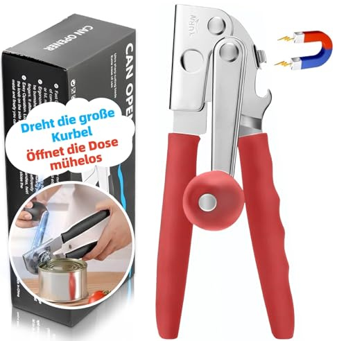 Apriscatole professionale in acciaio inox con impugnatura comoda, funzionamento manuale, bordo liscio, per anziani e cucina (Rosso)