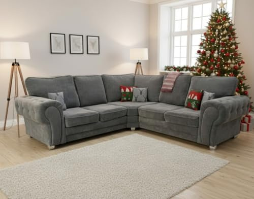 Chesterfield 2c2 Couches – Grey High Back Corner Sofa - Comfy Dual Arm L Shaped Suites - Large 2c2 3 Piece Couch - Sectional Verona 5 Seater Standard Back Sofas for Living Room & TV Lounge