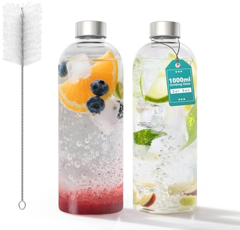 ACXIN Set di 2 bottiglie in vetro borosilicato da 1000 ml, con coperchio in acciaio inox e spazzola per la pulizia, lavabili in lavastoviglie, resistenti al calore e a prova di perdite per ufficio e
