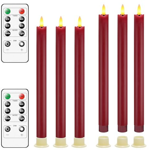 PinnWaa LED avsmalnande ljus flimrande, [set med 6] äkta vax varm eld 3D-vekar flamlösa ljusstakar, hem middag bord dekor LED ljus med fjärrkontroll och timer – röd