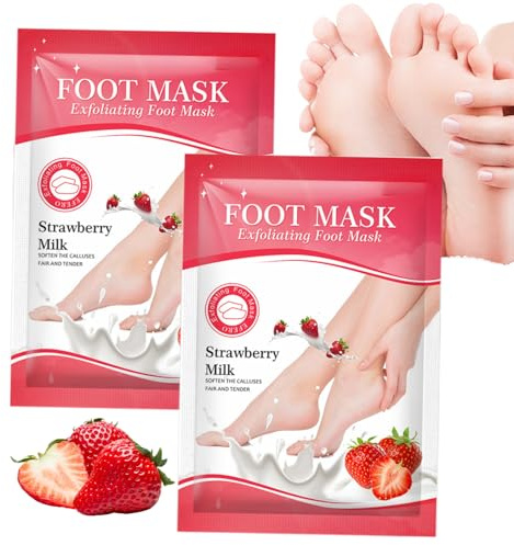 2 Paar Fußmaske-Hornhaut Entfernen Fuß-Erdbeer Peeling Fußmaske -Fußbad Socken zur Hornhaut Entfernen-Mit pflanzlichen Extrakten & Feuchtigkeitsformel -Intensivkur für sehr trockene Füße