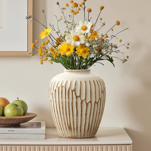 Hometopia Keramik Vase Vintage, Dekovase Beige-Braun mit Relief-Optik, Scandi Blumenvase für Trockenblumen & Pampasgras, Boho Wohndeko 23,5 cm Höhe