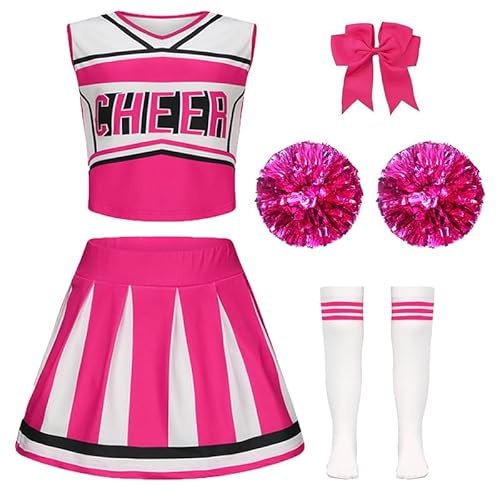 XFOZDM Disfraz de animadora para niños, niñas, vestido de carnaval, disfraz con pompones, tocado y calcetines, para Halloween, carnaval, uniforme de escuela secundaria, color rosa-160