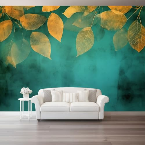 Générique Papier Peint Panoramique 150 x 105 cm（WxH, Décoration Murale Style Artistique Feuilles Dorées Tombées - Tapisserie Murales Papier Peint Intissé pour Chambre Salon Muraux Bleu-Vert