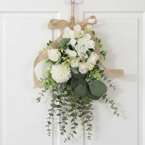Ghirlanda a goccia, festone floreale - Bouquet da appendere artificiale di eucalipto bianco e crisantemo per porta d'ingresso, parete e decorazioni per matrimoni