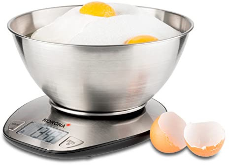 Korona 75880 Küchenwaage MILA | Tragkraft 5 kg, Einteilung 1 g | Gut ablesbares LCD-Display | Inkl. großer Edelstahl-Rührschüssel ca. 1,5 L | Tara Zuwiegefunktion | Batterien inklusive