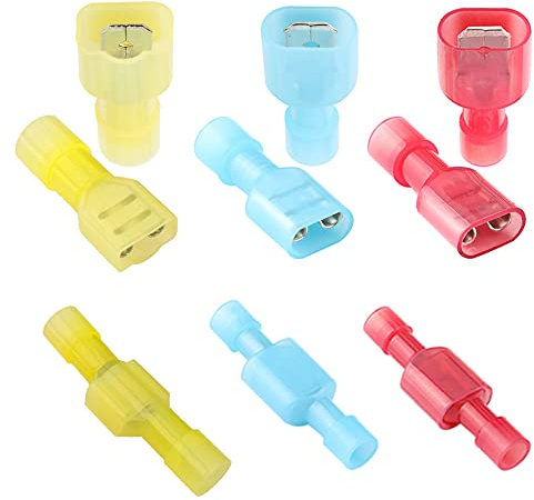 QitinDasen 100Pcs Conector de Cable Completamente Aislado, Macho & Hembra Alambre Crimp Terminal Nylon Rápido Conectores Desconecta Cableado Pala Kit (20 Pares Rojo, 20 Pares Azul, 10 Pares Amarillo)