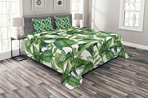 ABAKUHAUS Blatt Tagesdecke Set, Watercolored Banana Tree, Set mit Kissenbezügen Waschbar, für Doppelbetten 264 x 220 cm, Grün Dunkelgrün