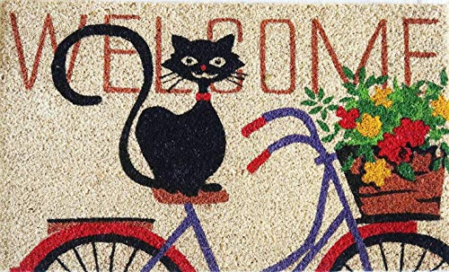 Baroni Home Paillasson d'Extérieur en Fibre de Coco avec Base Antidérapante en PVC, Tapis d'Extérieur Peint à la Main Facile à Nettoyer et Ultra-Résistant, Paillasson d'Entrée, Chat sur Vélo 70x40 cm