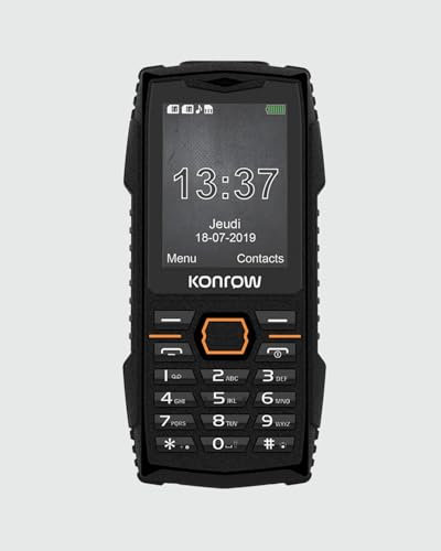 Konrow Stone Plus - Téléphone Portable Incassable Antichoc Certifié IP68 - Écran 2,4'' - Double Sim - Réseau 2G - 32Mo + 32Mo RAM - Longue Autonomie - Appareil Photo, Bluetooth, Radio et Lampe - Noir