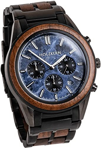 HOLZKERN Cronografo da uomo Universo The Night Sky Collection realizzato in vero marmo blu e legno di noce, quarzo giapponese, diametro 43 mm, lunghezza regolabile bracciale da polso da uomo