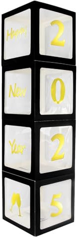 Schwarz Gold Frohes Neues Jahr 2025 Boxen, Ballonbox mit Goldbuchstaben Kit, UNIIDECO Party Dekoration Supplies, Foto Hintergrund Hintergrund