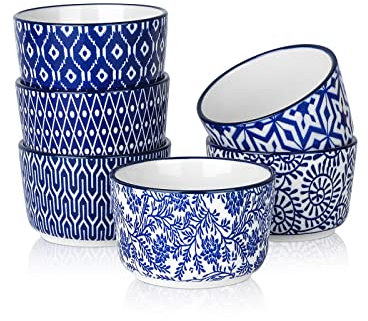 Selamica Ceramic Ramekins 4 Oz, Creme Brulee Ramekins Oven Safe, Souffle Custard Dishes/Cups for Baking, Mini Bowls for Pudding Ice Cream Dip, Set of 6, Vintage Blue
