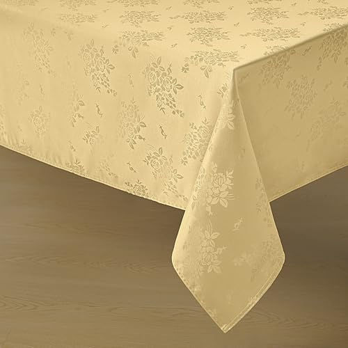 Romanstile Jacquard Rectangle Tablecloth - Gold Waterproof Damask Rose Floral Pattern Decorative Table Cloth, Heavy Weight Fabric Table Cover for Dining/Party/Holiday - 52 x 70 Inch