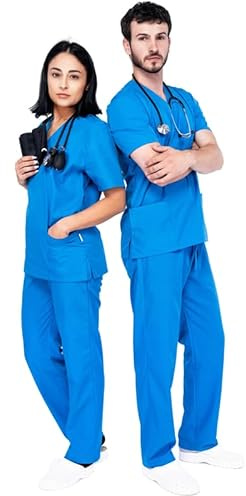MAZALAT work wear Unisex medicinskt arbetskläder set – vårduniform för kvinnor och män, bekväm passform, moderna kassakset i ventilerande tyg, blå, L