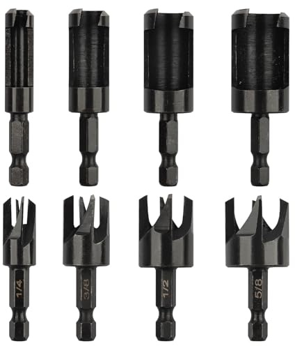 Rocaris 8 Pack Wood Plug Cutter Drill Bit Set, Straight and Tapered Taper Cutting Tool 1/4, 5/8, 3/8, 1/2, 1/4 Inch Hex Shank, Black
