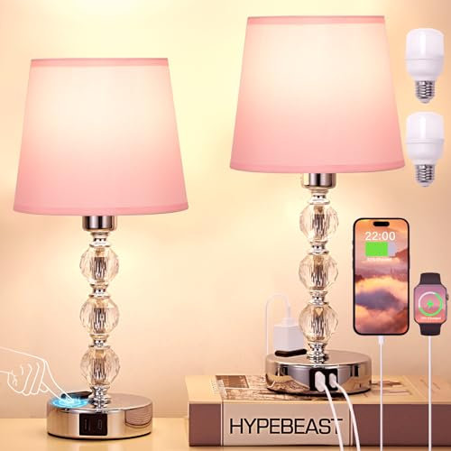 Kakanuo Nachttischlampe Touch Dimmbar 2er Set, Kristall Tischlampe mit USB-A+C-Anschlüssen Steckdose LED Birnen, Moderne Lampe mit Rosa Stoff Lampenschirm für Wohnzimmer Schlafzimmer Büro Hotel
