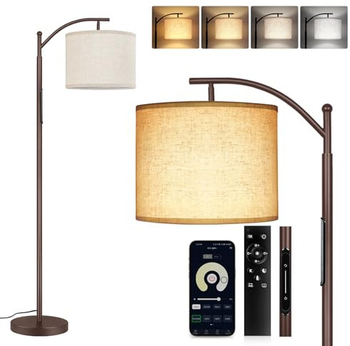 OUTON Dimmable Floor Lamp with Touch Control & Remote & App Control, 3000K-6000K Adjustable Color Temperatures, LED Tall Standing Lamp with Beige Lampshade for Living Room, Bedroom, Office, Brown