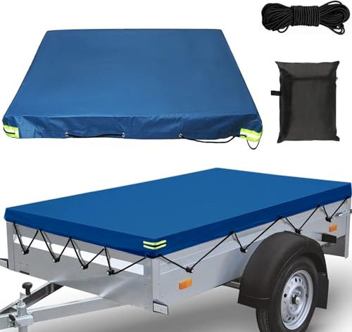 Anhängerplane Flachplane 207x114x6cm Abdeckplane für Anhänger mit 8M Planenseil Reflexstreifen Ösen Verstärktes 420D Oxford Material Wasserfest Winddichte für PKW Autoanhänger Blau