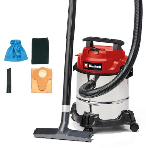 Einhell Aspirateur eaux et poussières TC-VC 1812/1 S (1 250 W, 180 mbar, 4 roulettes, cuve de 12 l, avec suceur plat et brosse combinée, filtre en mousse, sac collecteur de poussière et sac filtrant)