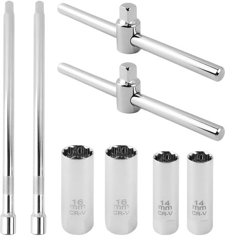 8 Pezzi Chiave per Candele Auto Kit, Chiave Candela 16mm e 14mm, 3/8 Chiave per Candele con Asta di Collegamento e Leva Scorrevole a T, per Moto, Auto e Motoseghe (Argento)