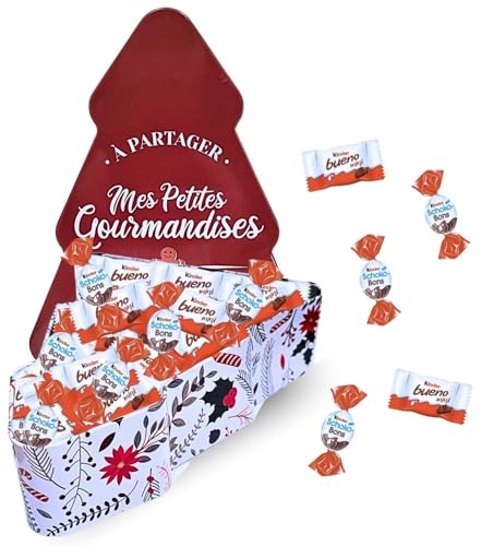 KINDER Noël | Boite sapin garnie de 35 chocolats Kinder Schokobons et Mini Bueno | Célébrez les fêtes avec ce Coffret Gourmand pour Petits et Grands