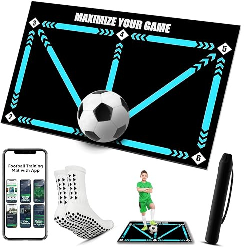 Football Training Mat with App - Soccer Mastery Skills XL Mat 90 x 60cm- Dribble, Ball Control & Stress Relief Footstep, Birthday Gift for Boys, Kids, (Black Mat + Socks + Bag)