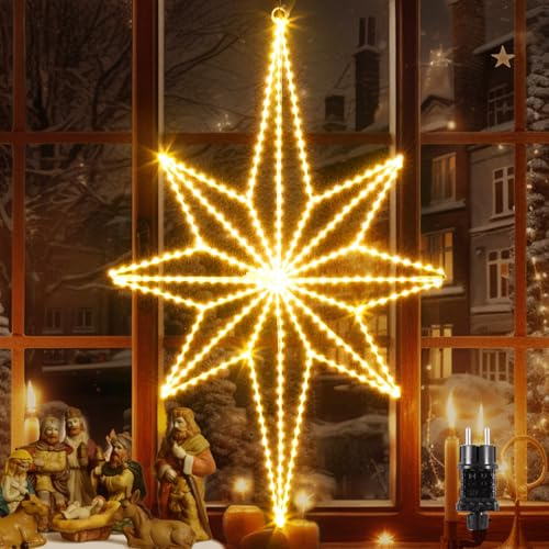 Quntis 62CM Luces de Navidad Exterior Estrella con Enchufe, 360 LED Superbrillantes Cortina de Luces Navidad Ventana Decorativas con Gancho, Blanco Cálido Luz de Ventana para Decoración Navideña