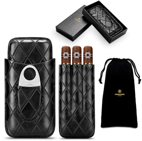 CLZOONG Portasigari in pelle da viaggio Humidor per 3 tubi, custodia per sigari da viaggio, contenitore portatile per sigari con tagliacari in acciaio inox, sacchetto di velluto e scatola regalo per