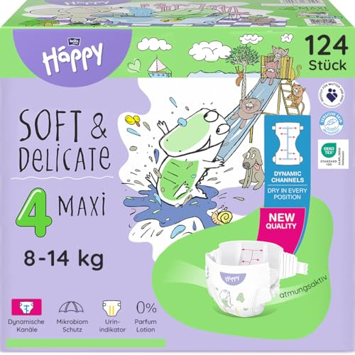 bella baby Happy Premium Windeln Größe 4 Maxi 8-14 kg 124 Stück, DERMATEST & OEKO TEX Siegel, Babywindeln Einweg