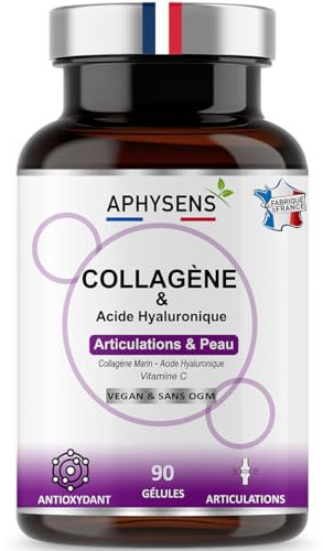 Colágeno marino + ácido hialurónico, con vitamina C, colágeno hidrolizado tipo 1 y 3, piel hidratada, brillo y elasticidad, cura 1 mes y medio, fabricado en Francia, Aphysens