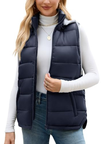 Vancavoo Chaleco Acolchado Mujer con Capucha Invierno Chaqueta sin Mangas Abrigos Chaleco de Forro Outwear Con Cremallera,Azul marino,L